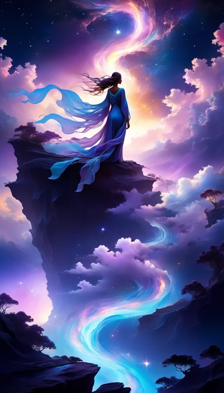 A beautiful woman stands on a cliff looking at the stars, (beautiful silhouette),Surrounded by swirling currents of cosmic energy,Surrounded by a dreamy mist-shrouded landscape。The figure is wrapped in a flowing robe.,Integrate with the streamlines of heaven and earth。The sky is a tapestry of deep purples and blues,Dotted with stars,The landscape below suggests softness、Rolling mountains,Astral ethereal, fantastic numbers, ethereal essence, Ethereal fantasy, ethereal beauty, digital art fantasy, beautiful fantasy painting, beautiful fantasy art, stunning fantasy art, Inspired by Cyril Rolando, fantasy art style, softly swirling magical energy, fantasy digital painting, fantasy digital art, ethereal realm, of Ethereal fantasy
