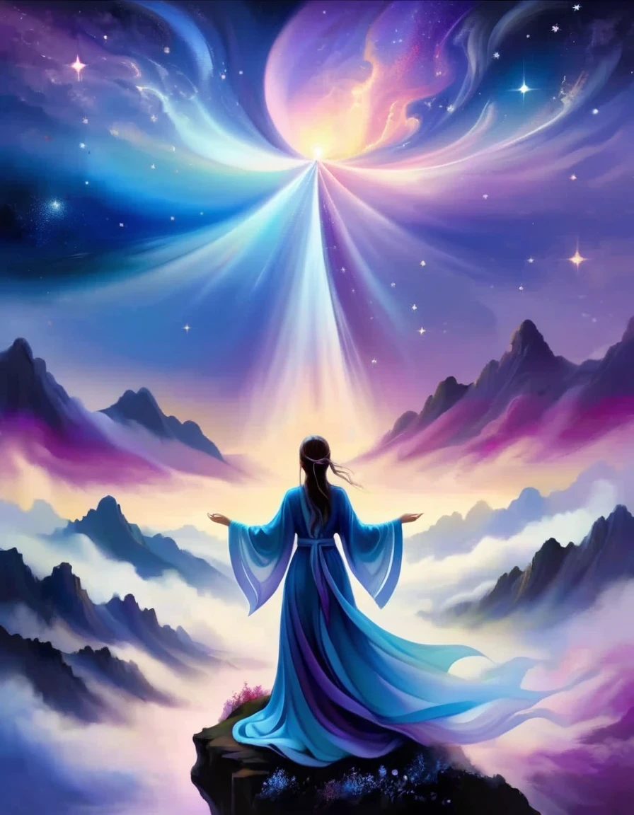 A woman standing on a cliff looking at the stars, Surrounded by swirling currents of cosmic energy，Surrounded by a dreamy mist-shrouded landscape。The figure is wrapped in a flowing robe.，Integrate with the streamlines of heaven and earth。The sky is a tapestry of deep purples and blues，Dotted with stars，The landscape below suggests softness、Rolling mountains，Astral ethereal, fantastic numbers, ethereal essence, Ethereal fantasy, ethereal beauty, digital art fantasy, beautiful fantasy painting, beautiful fantasy art, stunning fantasy art, Inspired by Cyril Rolando, fantasy art style, softly swirling magical energy, fantasy digital painting, fantasy digital art, ethereal realm, of Ethereal fantasy