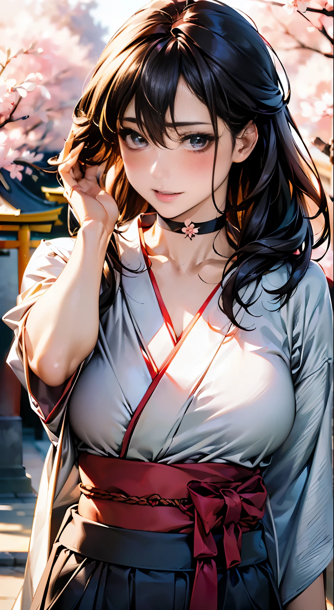 (masterpiece:1.2, highest quality, 8k, advanced details), (realistic, photorealistic:1.4), beautiful illustrations,
looking at the viewer, whole body, Front view:0.6,
((1 mature woman, 32 years old)), Japanese, ((long black hair:1.5, straight hair)), blown hair, bangs, hair between eyes , big breasts beautiful hair, beautiful hairstyle:1.4, beautiful face, beautiful and detailed eyes, (shining eyes:1.3), beautiful clavicle, beautiful body, beautiful breasts, beautiful thighs, beautiful feet, beautiful fingers, perfect anatomy:1.3, perfect anatomy,
((The gesture of combing your hair:1.3)),
(Look at the viewer while blushing:1.3)
((hakama pants, choker:1.3)), ((shrine:1.6, within the territory, torii, Cherry blossom trees:1.3, Cherry tree in full bloom))