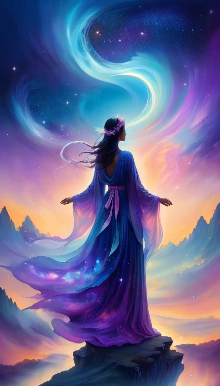 A beautiful woman stands on a cliff looking at the stars, （beautiful silhouette），Surrounded by swirling currents of cosmic energy，Surrounded by a dreamy mist-shrouded landscape。The figure is wrapped in a flowing robe.，Integrate with the streamlines of heaven and earth。The sky is a tapestry of deep purples and blues，Dotted with stars，The landscape below suggests softness、Rolling mountains，Astral ethereal, fantastic numbers, ethereal essence, Ethereal fantasy, ethereal beauty, digital art fantasy, beautiful fantasy painting, beautiful fantasy art, stunning fantasy art, Inspired by Cyril Rolando, fantasy art style, softly swirling magical energy, fantasy digital painting, fantasy digital art, ethereal realm, of Ethereal fantasy