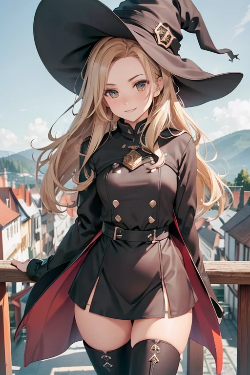 Mysterious half-timbered town in another world, Standing lxbll, black coat, white t-shirt, black skirt, beautiful thighs, beautiful feet, He looks at me with a mischievous smile, Black Ankle Boots, big witch hat, Dark brown eyes with highlights, Hilltop with panoramic views of the town, historic castle, high quality, High level image quality