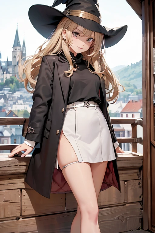 Mysterious half-timbered town in another world, Standing lxbll, black coat, white t-shirt, black skirt, beautiful thighs, beautiful feet, He looks at me with a mischievous smile, Black Ankle Boots, big witch hat, Dark brown eyes with highlights, Hilltop with panoramic views of the town, historic castle, high quality, High level image quality