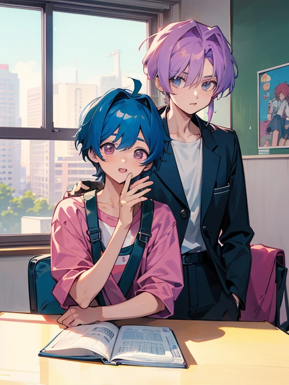 cartoon of two boys sitting at a table with a book and a backpack, ddlc, in the art style of 8 0 s anime, 9 0 s anime style, 90s anime style, in anime style, in an anime style, anime aesthetic, anime vibes, 9 0 s anime aesthetic, 9 0 s anime art style, lofi boy, typical anime classroom, beautiful background window, two cute boys, beautiful faces, two boys, don't extra hands, NO extra hands, generate two boys with NO extra hands 