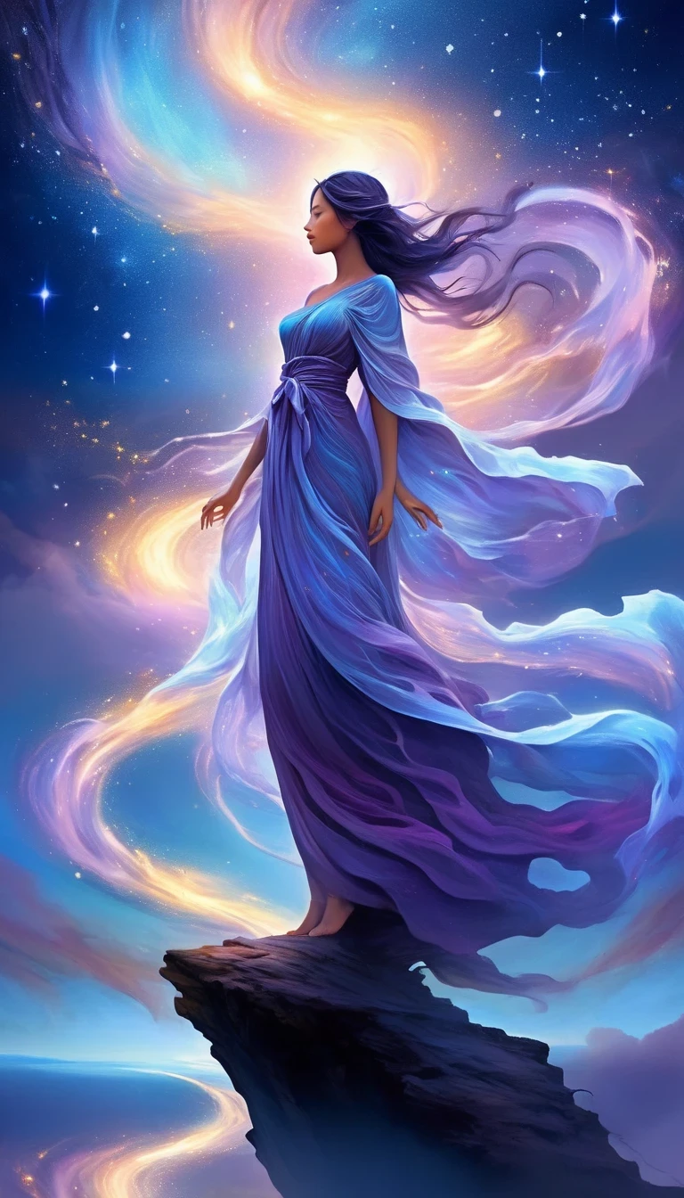 A beautiful woman stands on a cliff looking at the stars, (beautiful silhouette),Surrounded by swirling currents of cosmic energy,Surrounded by a dreamy mist-shrouded landscape。The figure is wrapped in a flowing robe.,Integrate with the streamlines of heaven and earth。The sky is a tapestry of deep purples and blues,Dotted with stars,The landscape below suggests softness、Rolling mountains,Astral ethereal, fantastic numbers, ethereal essence, Ethereal fantasy, ethereal beauty, digital art fantasy, beautiful fantasy painting, beautiful fantasy art, stunning fantasy art, Inspired by Cyril Rolando, fantasy art style, softly swirling magical energy, fantasy digital painting, fantasy digital art, ethereal realm, of Ethereal fantasy