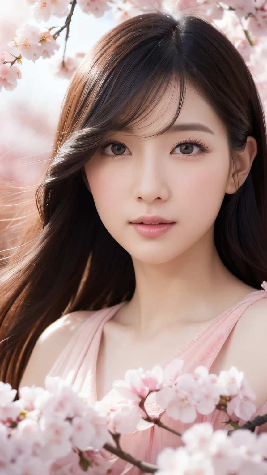 (A logo、masterpiece、8K、masutepiece、Raw photo、Fantastic、Best Quality、Photorealistic and ighly detailed CG integrated 8k wallpaper、hightquality、ighly detailed、epic poem、Particle effect、Dynamic effects、depth of fields、Cinematic Light、Lens Flare、Ray tracing)、Fantasia、 (Beauty 1 person、doress、Dress、Cherry blossom pattern、A dark-haired、Beautiful face、Real Face、beautiful details eyes beautiful skin)、my hair dances in the wind、Hair flutters in the wind、Hair jumps、Pink cherry blossom tree、Petals flutter、Sakura blizzard、Superb view、morning glow、Sun in the background、the wind、