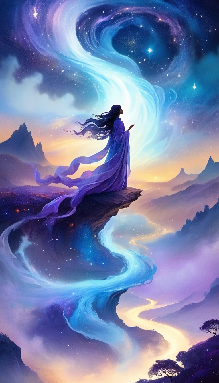 A beautiful woman stands on a cliff looking at the stars, （beautiful silhouette），Surrounded by swirling currents of cosmic energy，Surrounded by a dreamy mist-shrouded landscape。The figure is wrapped in a flowing robe.，Integrate with the streamlines of heaven and earth。The sky is a tapestry of deep purples and blues，Dotted with stars，The landscape below suggests softness、Rolling mountains，Astral ethereal, fantastic numbers, ethereal essence, Ethereal fantasy, ethereal beauty, digital art fantasy, beautiful fantasy painting, beautiful fantasy art, stunning fantasy art, Inspired by Cyril Rolando, fantasy art style, softly swirling magical energy, fantasy digital painting, fantasy digital art, ethereal realm, of Ethereal fantasy