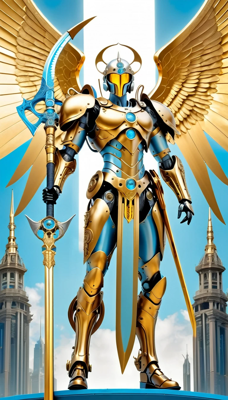(best quality,highres),angel with a giant golden scythe, gold-armored, with detailed eyes,holding the scythe high in a 90-degree angle,mechanical prostheses,monochrome exposure,dramatic lighting,cityscape in light blue holographic projection,sci-fi style.