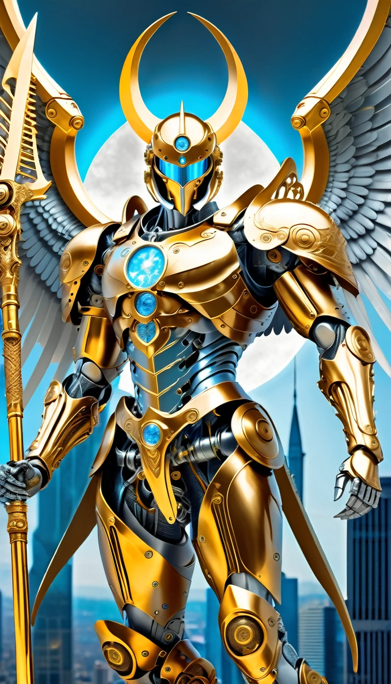 (best quality,highres),angel with a giant golden scythe, gold-armored, with detailed eyes,holding the scythe high in a 90-degree angle,mechanical prostheses,monochrome exposure,dramatic lighting,cityscape in light blue holographic projection,sci-fi style.