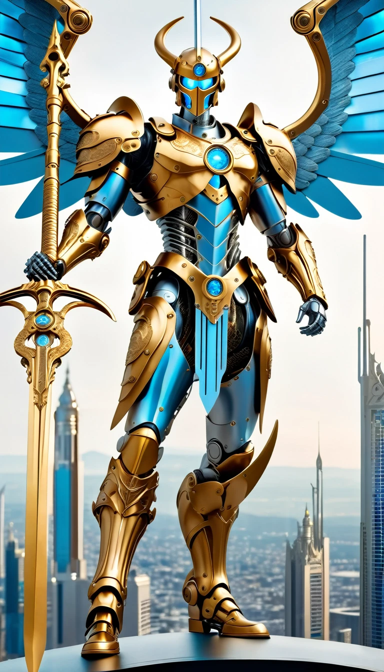 (best quality,highres),angel with a giant golden scythe, gold-armored, with detailed eyes,holding the scythe high in a 90-degree angle,mechanical prostheses,monochrome exposure,dramatic lighting,cityscape in light blue holographic projection,sci-fi style.