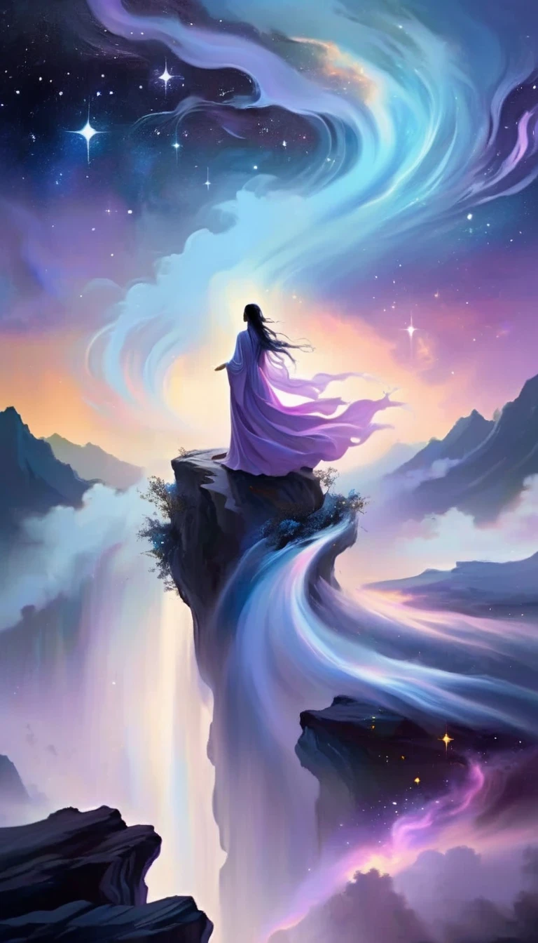 A beautiful woman stands on a cliff looking at the stars, （beautiful silhouette），Surrounded by swirling currents of cosmic energy，Surrounded by a dreamy mist-shrouded landscape。The figure is wrapped in a flowing robe.，Integrate with the streamlines of heaven and earth。The sky is a tapestry of deep purples and blues，Dotted with stars，The landscape below suggests softness、Rolling mountains，Astral ethereal, fantastic numbers, ethereal essence, Ethereal fantasy, ethereal beauty, digital art fantasy, beautiful fantasy painting, beautiful fantasy art, stunning fantasy art, Inspired by Cyril Rolando, fantasy art style, softly swirling magical energy, fantasy digital painting, fantasy digital art, ethereal realm, of Ethereal fantasy