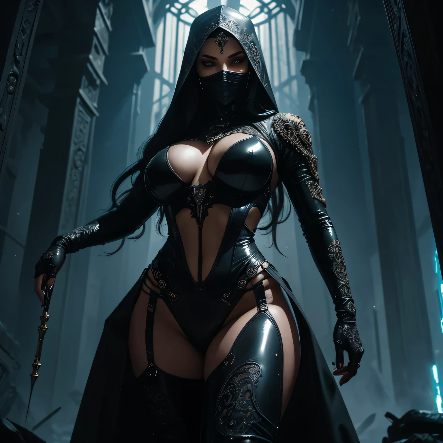 , (masterpiece:1.1), (best quality:1.1), (intricate:1.1), A professional cyberpunk Queen villian , serpentine energy, statue of cthulhu background, Cthulhu’s humanoid Commander ,COBRA, A Syrian woman wearing tight black clothing, worshipped by men, Malevolent dominatrix commander, shiny shap metal nails, perfect curvy body,  Erotic temptress with a Beautiful curvy body, adult face, mafia , hunger , lust for power and money, tattooed body, She wears a tight latex hijab , world under her feet, NSFW, DARK Dungeon EMPIRE, Dark sensuality, evilness, dark magic, occult, satanism, evilness at its peak, empress of hell, She has a sexy body. She has an athletic body, Screengrab of a female model in tactical military attire inspired by ghost, The ensemble features a black balaclava covering the lower face, paired with a corset croptop tattooed midriff, and tight latex thighstaps with thigh boots in dark, stealthy tones, long shapely legs, sultry, looking up, big butt, translucent ultra deep v wet body suit, translucent white body suit, wet brunette hair, filigree amillery sleeveless, futuristic, utopian, body parts, highly detailed, filigree, luminism, cinematic, hauntingly surreal, gothic, highly detailed and intricate, rich deep colors, sf, intricate artwork masterpiece, golden ratio, trending in society, intricate, epic, trending on artstation, by art germ, h. r. Giger and beksinski, insanely detailed octane render trending on art station, 8k artistic photography, photorealistic concept art, soft natural volumetric cinematic perfect light  This ensemble embodies the iconic and tactical style of Ghost from Call of Duty: Modern Warfare I