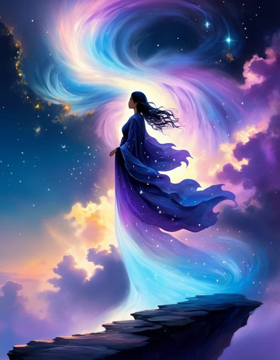 A beautiful woman stands on a cliff looking at the stars, （beautiful silhouette），Small and tall nose，Surrounded by swirling currents of cosmic energy，Surrounded by a dreamy mist-shrouded landscape。The figure is wrapped in a flowing robe.，Integrate with the streamlines of heaven and earth。The sky is a tapestry of deep purples and blues，Dotted with stars，The landscape below suggests softness、Rolling mountains，Astral ethereal, fantastic numbers, ethereal essence, Ethereal fantasy, ethereal beauty, digital art fantasy, beautiful fantasy painting, beautiful fantasy art, stunning fantasy art, Inspired by Cyril Rolando, fantasy art style, softly swirling magical energy, fantasy digital painting, fantasy digital art, ethereal realm, of Ethereal fantasy