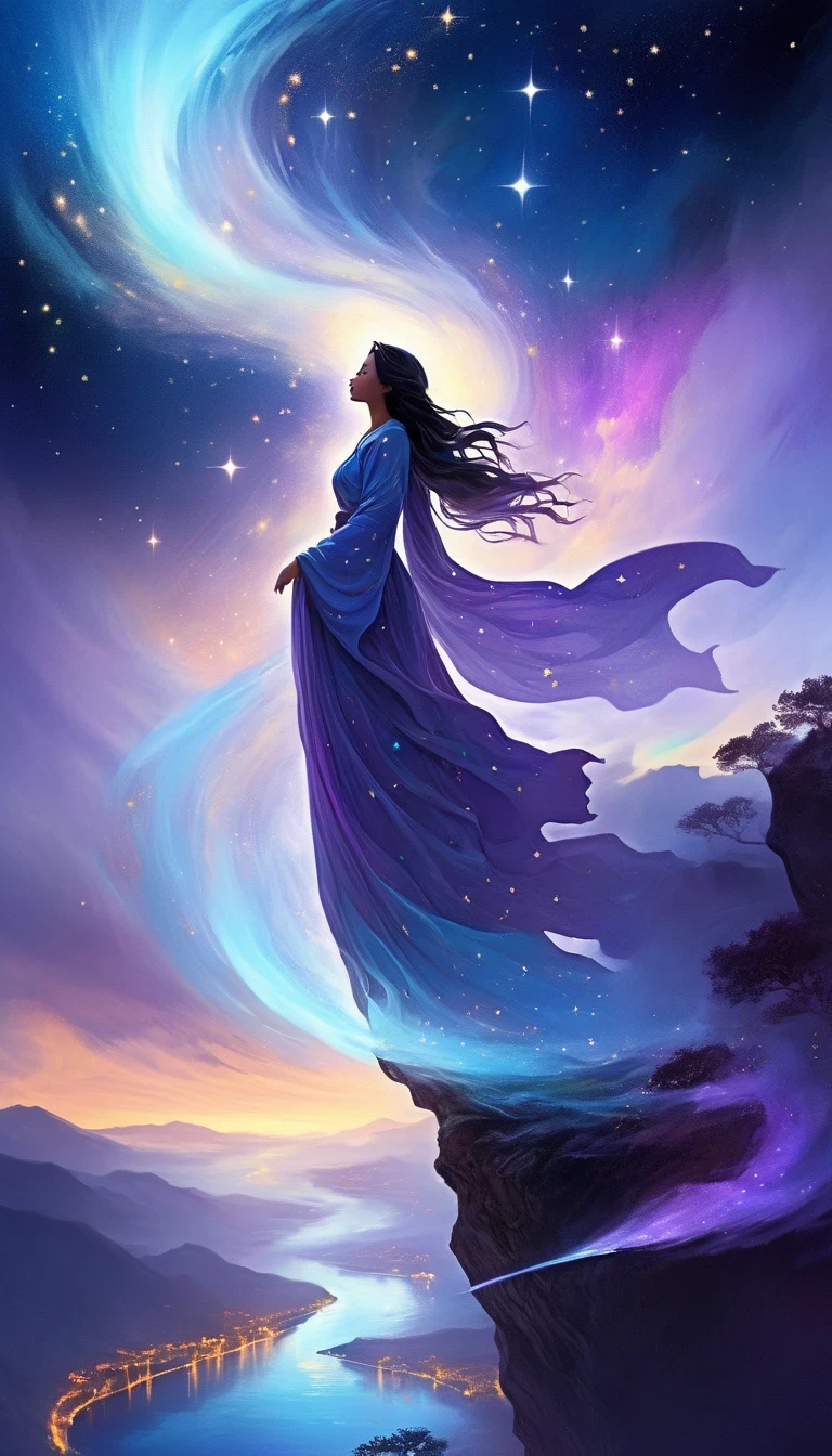 A beautiful woman stands on a cliff looking at the stars, (beautiful silhouette),Small and tall nose,Surrounded by swirling currents of cosmic energy,Surrounded by a dreamy mist-shrouded landscape。The figure is wrapped in a flowing robe.,Integrate with the streamlines of heaven and earth。The sky is a tapestry of deep purples and blues,Dotted with stars,The landscape below suggests softness、Rolling mountains,Astral ethereal, fantastic numbers, ethereal essence, Ethereal fantasy, ethereal beauty, digital art fantasy, beautiful fantasy painting, beautiful fantasy art, stunning fantasy art, Inspired by Cyril Rolando, fantasy art style, softly swirling magical energy, fantasy digital painting, fantasy digital art, ethereal realm, of Ethereal fantasy