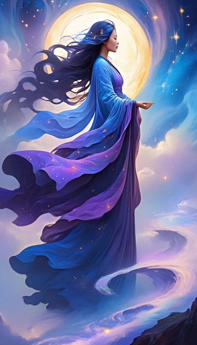 A beautiful woman stands on a cliff looking at the stars, （beautiful silhouette），Small and tall nose，Surrounded by swirling currents of cosmic energy，Surrounded by a dreamy mist-shrouded landscape。The figure is wrapped in a flowing robe.，Integrate with the streamlines of heaven and earth。The sky is a tapestry of deep purples and blues，Dotted with stars，The landscape below suggests softness、Rolling mountains，Astral ethereal, fantastic numbers, ethereal essence, Ethereal fantasy, ethereal beauty, digital art fantasy, beautiful fantasy painting, beautiful fantasy art, stunning fantasy art, Inspired by Cyril Rolando, fantasy art style, softly swirling magical energy, fantasy digital painting, fantasy digital art, ethereal realm, of Ethereal fantasy