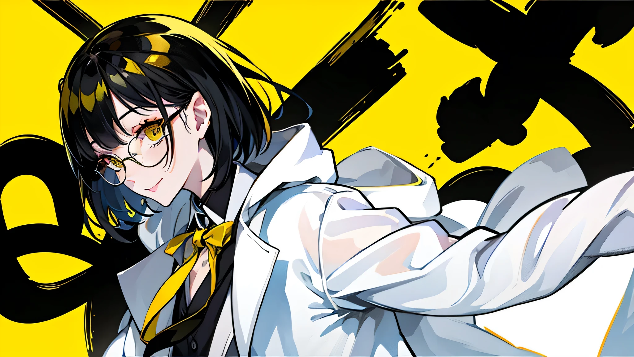 Background of black and yellow hair standing in front of, 1 girl, alone, smile、compensate、cheeks are red、short hair, yellow skirt, shirt, black hair, tie, ((doctor))、Private room、doctor style、((White long coat type white coat))、Glasses, white shirt, yellow eyes, black tie, jewelry, pleated skirt, From the side, short sleeve, collared shirt, shirt tucked in,rum \(rum dayo\),yellow and black theme colors、The background is solid yellow、super simple yellow plain background,gentleman