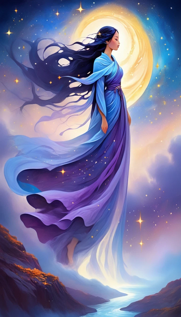 A beautiful woman stands on a cliff looking at the stars, （beautiful silhouette），Small and tall nose，Surrounded by swirling currents of cosmic energy，Surrounded by a dreamy mist-shrouded landscape。The figure is wrapped in a flowing robe.，Integrate with the streamlines of heaven and earth。The sky is a tapestry of deep purples and blues，Dotted with stars，The landscape below suggests softness、Rolling mountains，Astral ethereal, fantastic numbers, ethereal essence, Ethereal fantasy, ethereal beauty, digital art fantasy, beautiful fantasy painting, beautiful fantasy art, stunning fantasy art, Inspired by Cyril Rolando, fantasy art style, softly swirling magical energy, fantasy digital painting, fantasy digital art, ethereal realm, of Ethereal fantasy