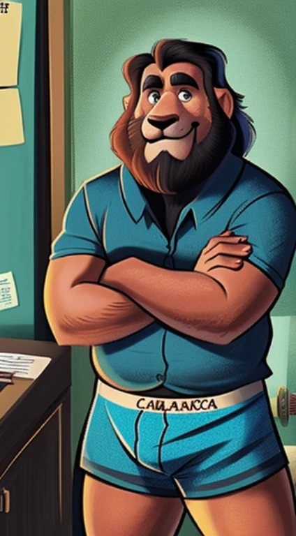 (por dramamine, por acaso), homem maduro, cicatriz no olho, old chubby lion, (pelo marrom:1.2),meia idade,((cabelo curto preto)),((barba facial)),(nada ali, Melhor qualidade, alta qualidade, detalhado, sombreado, sombreamento, obra de arte:1.2), detalhado eyes, detalhado clothing, sorriso pretensioso, sorriso sedutor, peito peludo, copos,Inside the office,(blue pattern boxers:1.4), (camisa branca aberta:1.5), (gravata removida),(meias pretas:1.2)