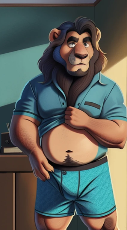 (by dramamine, by haps), mature male, eye scar, old chubby lion, (Brown fur:1.2),middle-age,((black short hair)),((facial beard)),(hi res, best quality, high quality, detailed, shaded, shading, masterpiece:1.2), detailed eyes, detailed clothing, smirk, seductive smile, hairy chest, glasses,inside office,(blue pattern boxers:1.4), (white Open shirt:1.5), (necktie removed),(black socks:1.2),Crie um Pokémon unity Lucario Pikachu,photograph of two bearded gypsy men prisoners, wet, sweaty, strong, chubby, hugging very closely, 31 anos de idade em shorts sujos rasgados e quebrados, protuberance, barba, in a dark prison , Dreadlocks, tatuagem, olhando um para o outro, grande , sujo, feio, beef neck, muscular, peito viril, Sem camisa, misery and poverty, fotorrealista, luz difusa, ultradetalhado, 32k, view from the floor just chubby, gordinho, coxas extremamente grossas, barriga grande, wearing only swimming trunks. Masturbando, erotic sex, sexo selvagem, sexo a dois, sexo anal, sexo oral, parceiros em ato sexual. Pornografia, varied photography angles