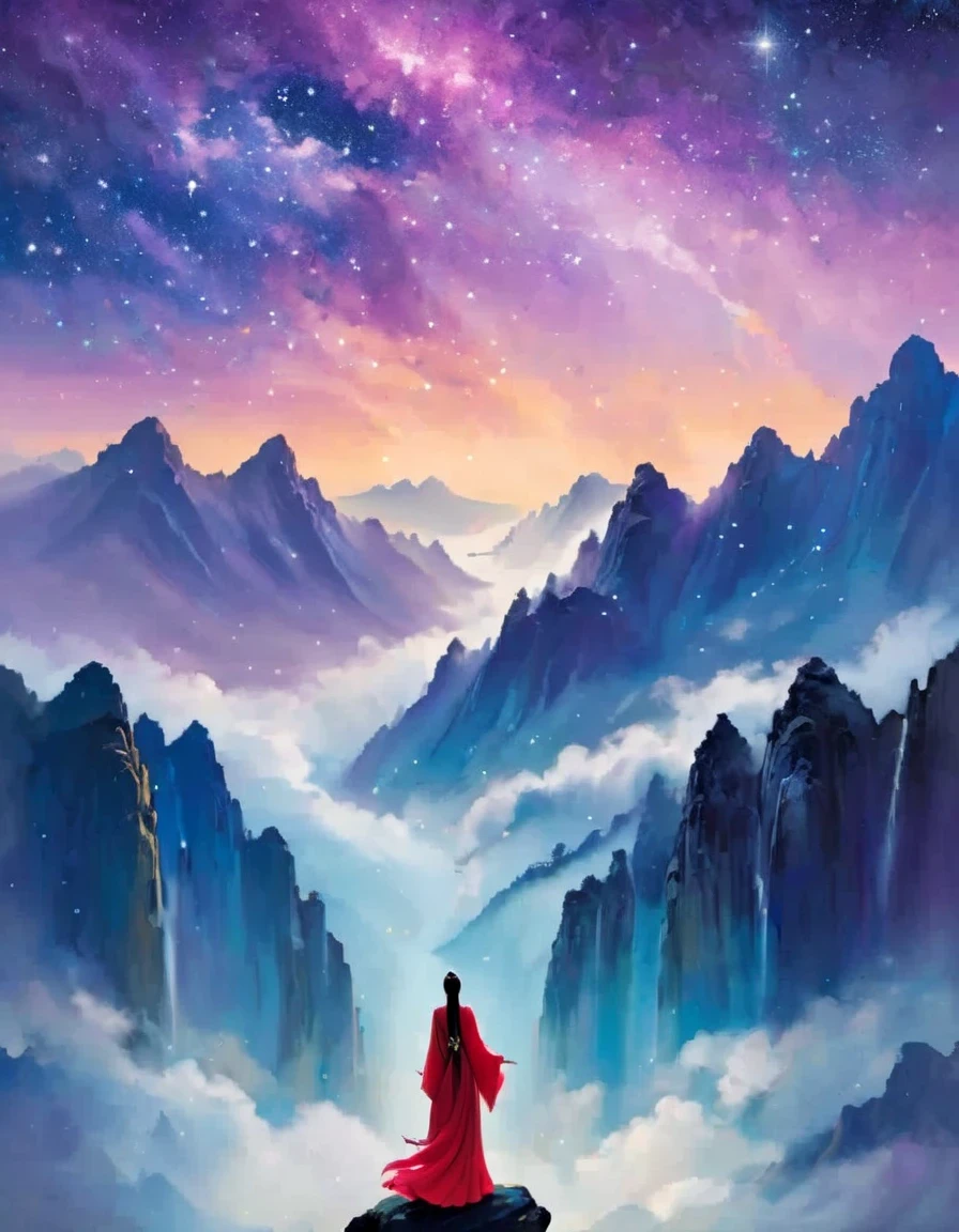 A woman standing on a cliff looking at the stars, Astral ethereal, fantastic numbers, ethereal essence, Ethereal fantasy, ethereal beauty, digital art fantasy, beautiful fantasy painting, beautiful fantasy art, stunning fantasy art, Inspired by Cyril Rolando, fantasy art style, softly swirling magical energy, fantasy digital painting, fantasy digital art,Surrounded by swirling currents of cosmic energy，Surrounded by a dreamy mist-shrouded landscape。The figure is wrapped in a flowing robe.，Integrate with the streamlines of heaven and earth。The sky is a tapestry of deep purples and blues，Dotted with stars，The landscape below suggests softness、Rolling mountains。The scene is serene and sublime，with an awe、brooding figures capture the majestic nature of the universe。From front and center to ghostly smoke, Transition from entity to ghost, Starry sky and clouds in the background, A wise, powerful and calm sense of the universe, glowing eyes, Rich and detailed, psychedelic style, fantasy style, movie style, dramatic style, style,