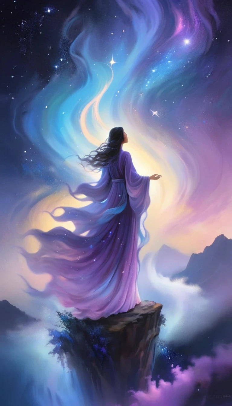 A beautiful woman stands on a cliff looking at the stars, （beautiful silhouette），Small and tall nose，Surrounded by swirling currents of cosmic energy，Surrounded by a dreamy mist-shrouded landscape。The figure is wrapped in a flowing robe.，Integrate with the streamlines of heaven and earth。The sky is a tapestry of deep purples and blues，Dotted with stars，The landscape below suggests softness、Rolling mountains，Astral ethereal, fantastic numbers, ethereal essence, Ethereal fantasy, ethereal beauty, digital art fantasy, beautiful fantasy painting, beautiful fantasy art, stunning fantasy art, Inspired by Cyril Rolando, fantasy art style, softly swirling magical energy, fantasy digital painting, fantasy digital art, ethereal realm, of Ethereal fantasy