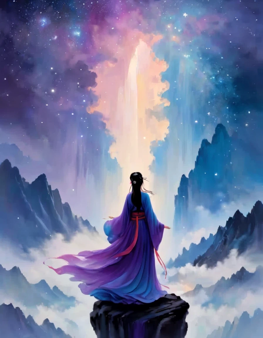 A woman standing on a cliff looking at the stars, Astral ethereal, fantastic numbers, ethereal essence, Ethereal fantasy, ethereal beauty, digital art fantasy, beautiful fantasy painting, beautiful fantasy art, stunning fantasy art, Inspired by Cyril Rolando, fantasy art style, softly swirling magical energy, fantasy digital painting, fantasy digital art,Surrounded by swirling currents of cosmic energy,Surrounded by a dreamy mist-shrouded landscape。The figure is wrapped in a flowing robe.,Integrate with the streamlines of heaven and earth。The sky is a tapestry of deep purples and blues,Dotted with stars,The landscape below suggests softness、Rolling mountains。The scene is serene and sublime,with an awe、brooding figures capture the majestic nature of the universe。From front and center to ghostly smoke, Transition from entity to ghost, Starry sky and clouds in the background, A wise, powerful and calm sense of the universe, glowing eyes, Rich and detailed, psychedelic style, fantasy style, movie style, dramatic style, style,