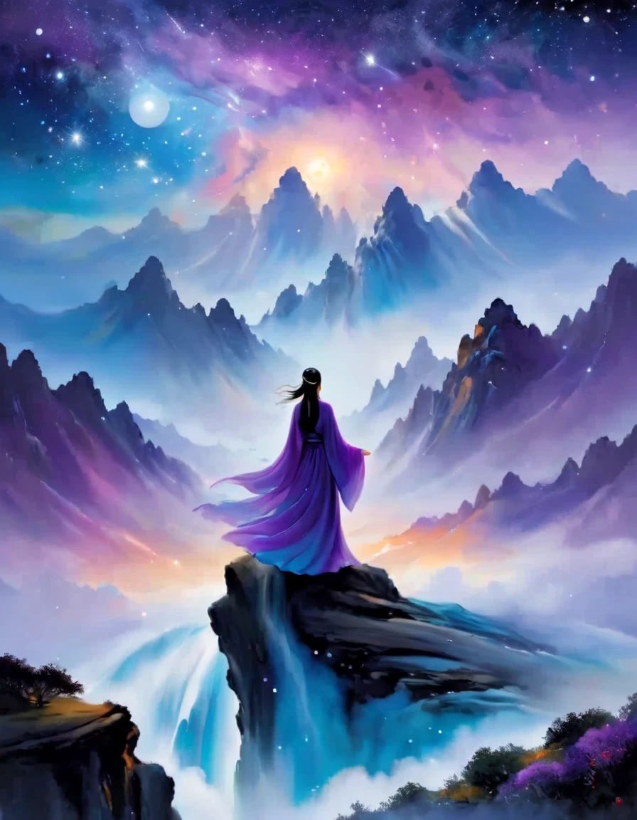 A woman standing on a cliff looking at the stars, Astral ethereal, fantastic numbers, ethereal essence, Ethereal fantasy, ethereal beauty, digital art fantasy, beautiful fantasy painting, beautiful fantasy art, stunning fantasy art, Inspired by Cyril Rolando, fantasy art style, softly swirling magical energy, fantasy digital painting, fantasy digital art,Surrounded by swirling currents of cosmic energy，Surrounded by a dreamy mist-shrouded landscape。The figure is wrapped in a flowing robe.，Integrate with the streamlines of heaven and earth。The sky is a tapestry of deep purples and blues，Dotted with stars，The landscape below suggests softness、Rolling mountains。The scene is serene and sublime，with an awe、brooding figures capture the majestic nature of the universe。From front and center to ghostly smoke, Transition from entity to ghost, Starry sky and clouds in the background, A wise, powerful and calm sense of the universe, glowing eyes, Rich and detailed, psychedelic style, fantasy style, movie style, dramatic style, style,