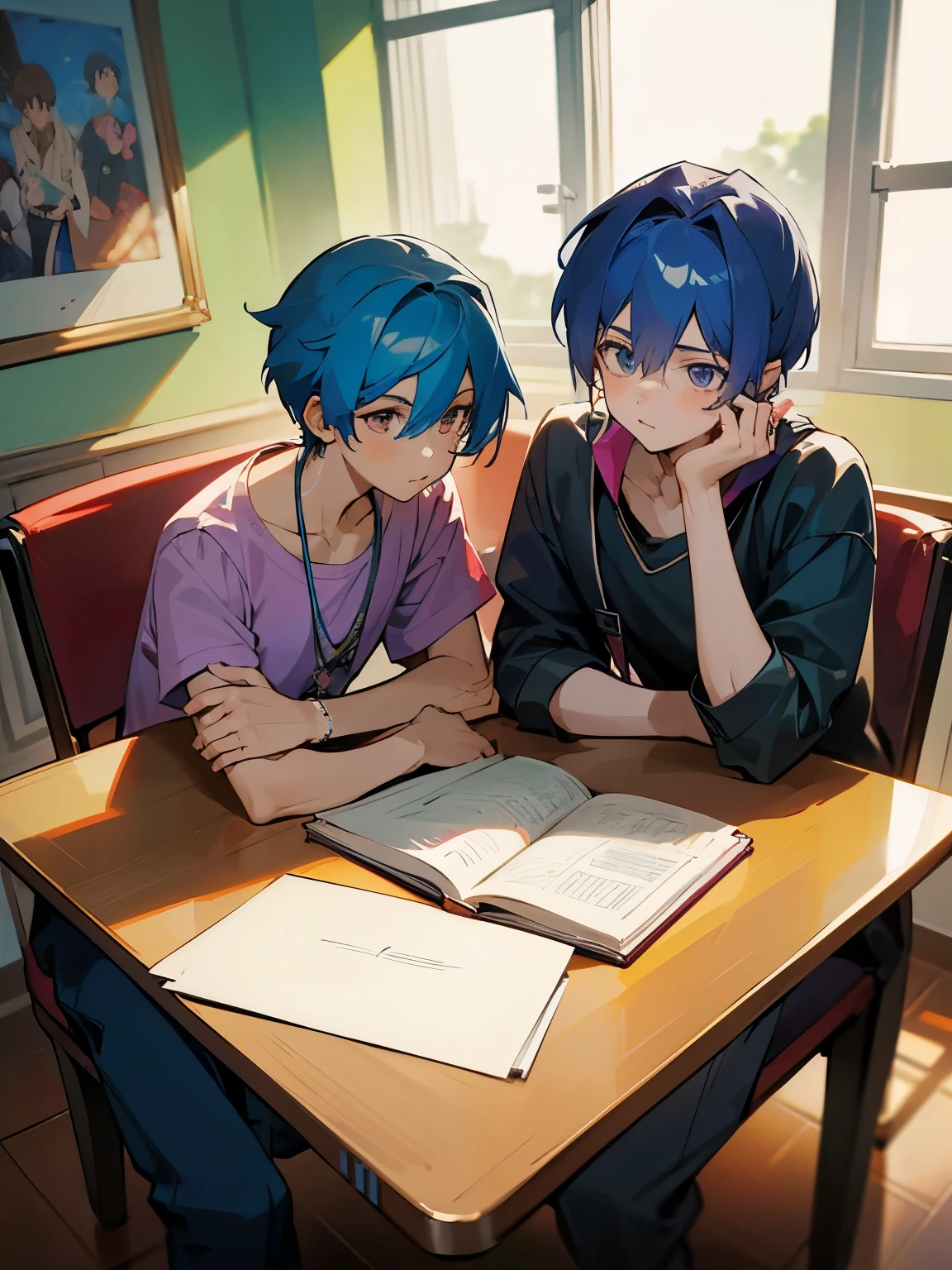 cartoon of two boys sitting at a table with a book and a backpack, ddlc, in the art style of 8 0 s anime, 9 0 s anime style, 90s anime style, in anime style, in an anime style, anime aesthetic, anime vibes, 9 0 s anime aesthetic, 9 0 s anime art style, lofi boy, typical anime classroom, beautiful background window, two cute boys, beautiful faces, two boys, don't extra hands, NO extra hands, generate two boys with NO extra hands