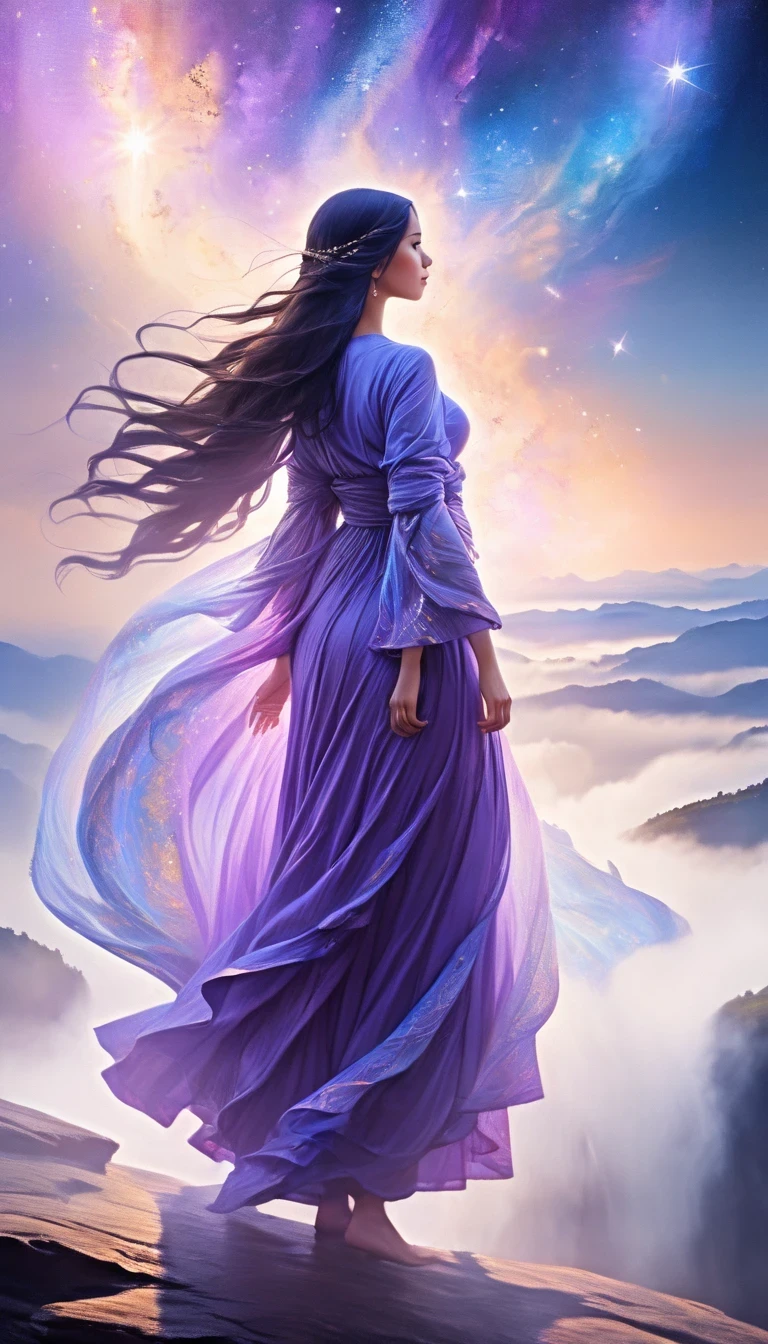 A beautiful woman stands on a cliff looking at the stars, （beautiful silhouette），Small and tall nose，Surrounded by swirling currents of cosmic energy，Surrounded by a dreamy mist-shrouded landscape。The figure is wrapped in a flowing robe.，Integrate with the streamlines of heaven and earth。The sky is a tapestry of deep purples and blues，Dotted with stars，The landscape below suggests softness、Rolling mountains，Astral ethereal, fantastic numbers, ethereal essence, Ethereal fantasy, ethereal beauty, digital art fantasy, beautiful fantasy painting, beautiful fantasy art, stunning fantasy art, Inspired by Cyril Rolando, fantasy art style, softly swirling magical energy, fantasy digital painting, fantasy digital art, ethereal realm, of Ethereal fantasy