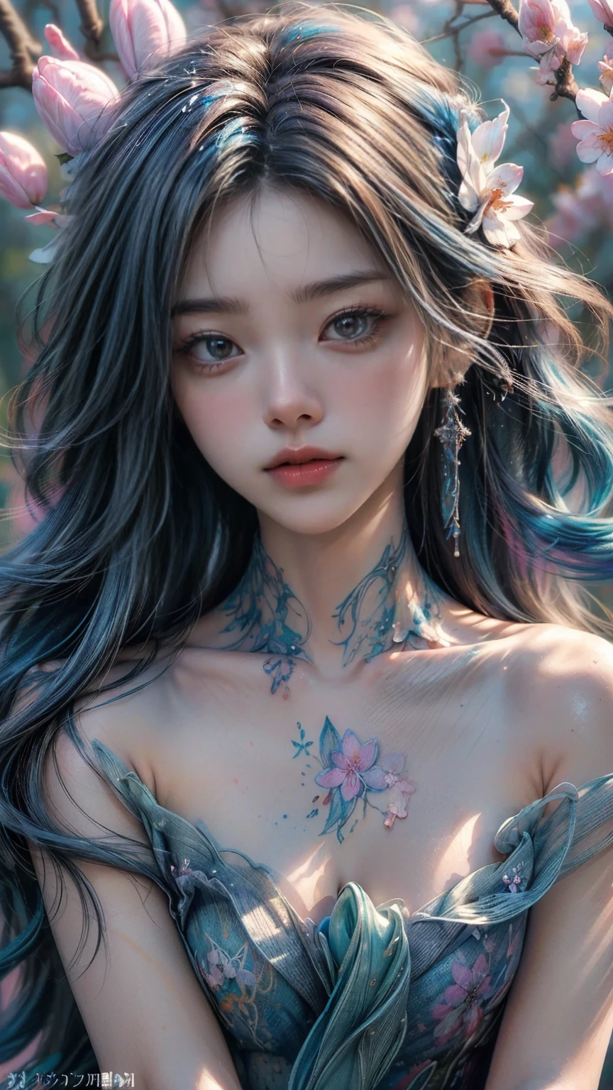 (best quality),(masterpiece:1.2), (colorful:0.9), (ink splashing),(color splashing),((watercolor)), clear sharp focus, model shot,, (portrait goddess of spring:1.5), cute expression,elegant blue colored hair, beautyfull detailed face and eyes, elegant goddess clothing, spring forest background,, colorwater