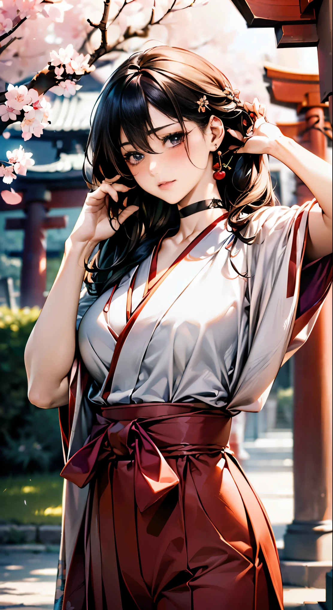 (masterpiece:1.2, highest quality, 8k, advanced details), (realistic, photorealistic:1.4), beautiful illustrations,
looking at the viewer, whole body, Front view:0.6,
((1 mature woman, 32 years old)), Japanese, ((long black hair:1.5, straight hair)), blown hair, bangs, hair between eyes , big breasts beautiful hair, beautiful hairstyle:1.4, beautiful face, beautiful and detailed eyes, (shining eyes:1.3), beautiful clavicle, beautiful body, beautiful breasts, beautiful thighs, beautiful feet, beautiful fingers, perfect anatomy:1.3, perfect anatomy,
((The gesture of combing your hair:1.3)),
(Look at the viewer while blushing:1.3)
((hakama pants, choker:1.3, hair ornaments)), ((shrine:1.6, within the territory, torii, Cherry blossom trees:1.3, Cherry tree in full bloom))