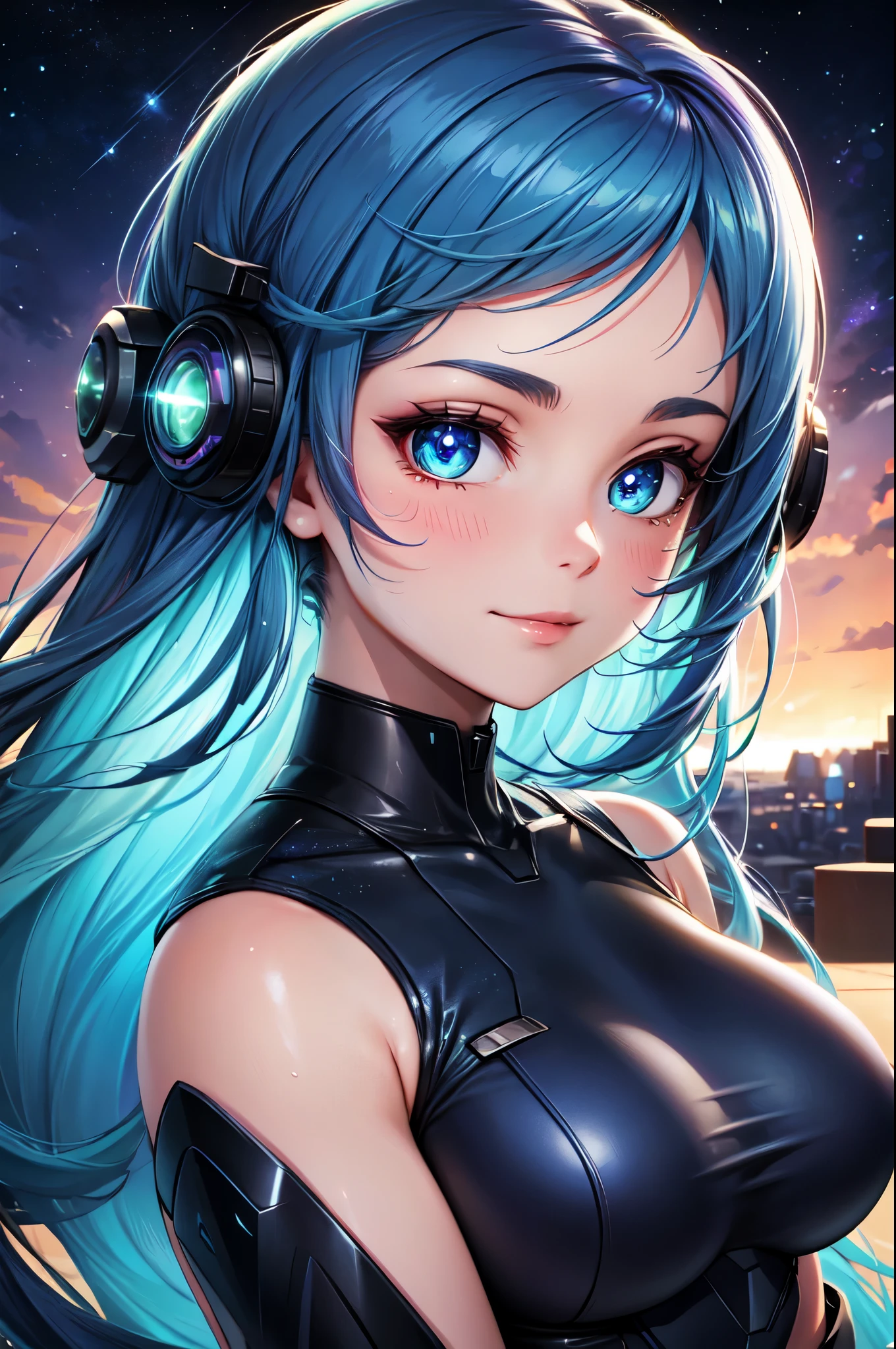 (High quality, High resolution, Fine details), sci-fi, galaxy, galactic scenery, deep space, otherworldly beauty, space suit, solo, curvy women, blue hair, sparkling eyes, (Detailed eyes:1.2), smile, blush, Sweat, Oily skin, shallow depth of field, luminous colors