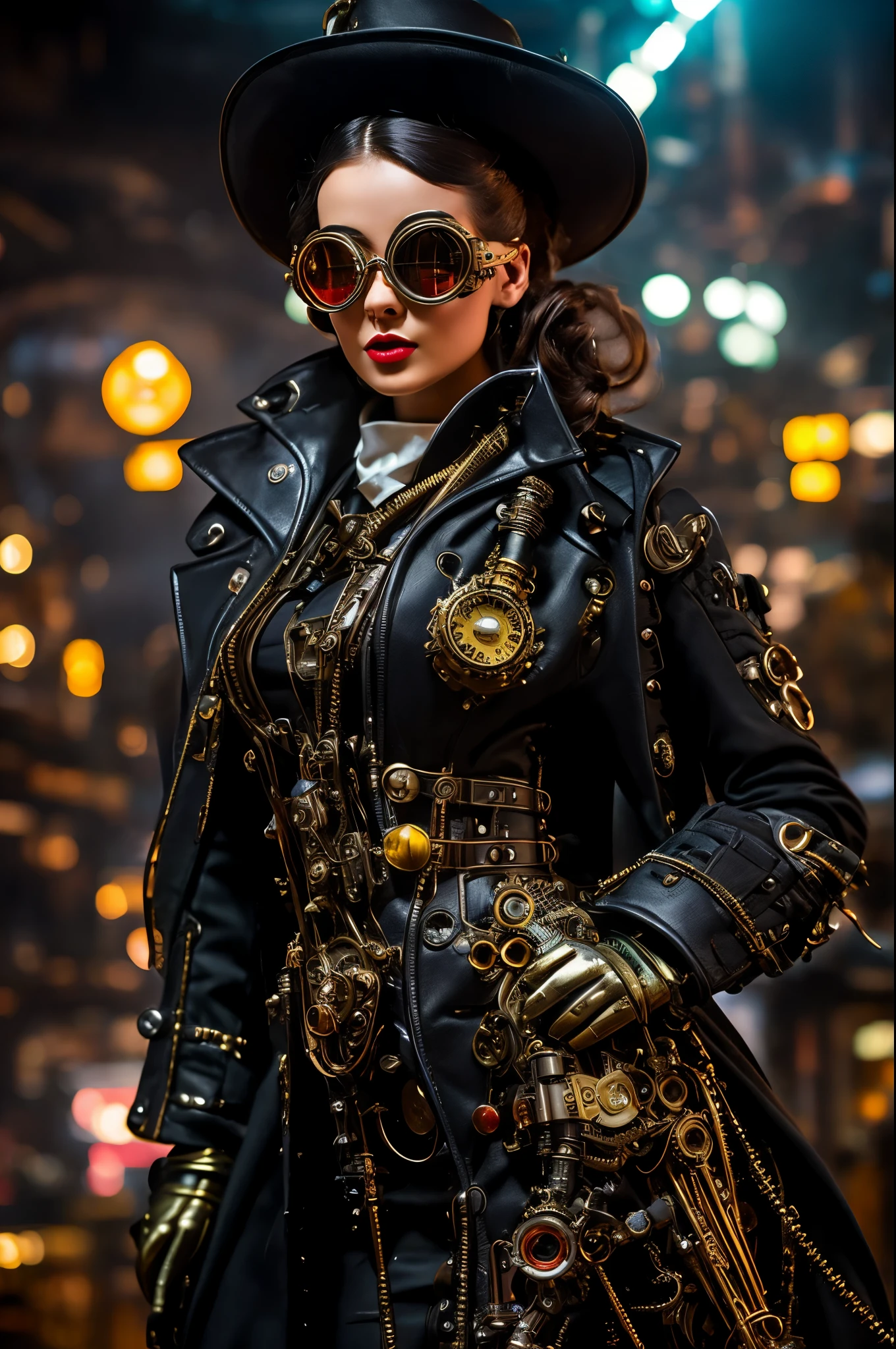 In the world of retro-futurism, behold an ultra-realistic portrayal of a pin-up engineer donning a captivating steampunk Victorian dress. As intricate gears spin harmoniously in the background, the atmospheric lighting casts a smoky haze upon the industrial setting, accentuating the mesmerizing metal textures and bringing forth a sense of wonder. The engineer's detailed expressions, complemented by a rich color palette, captivate the viewer's gaze. Surrounding the protagonist, a complex background scenery unfolds, showcasing a dramatic perspective and fantastical inventions, all intricately designed mechanical contraptions and neo-Victorian fashion. Adorned with leather goggles and brass accessories, the engineer's portrait exudes an air of confidence and creativity. This masterpiece