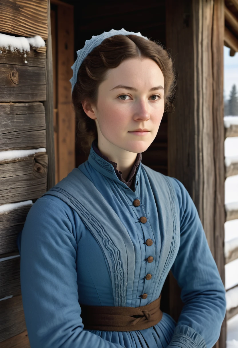 (highly detailed, soft light, photorealistic, dynamic light; cinematic; close-up); victorian era; 1820s; 26 year old woman; Canadian; 1820s nanny; simple but pretty; coquettish expression; fair skin; 1820s modest but pretty blue cotton dress; wearing 1820s warm woolen shawl over shoulders; hair in simple style; standing in the doorway of 1820s cabin in snowy 1820s Canada; looking at camera