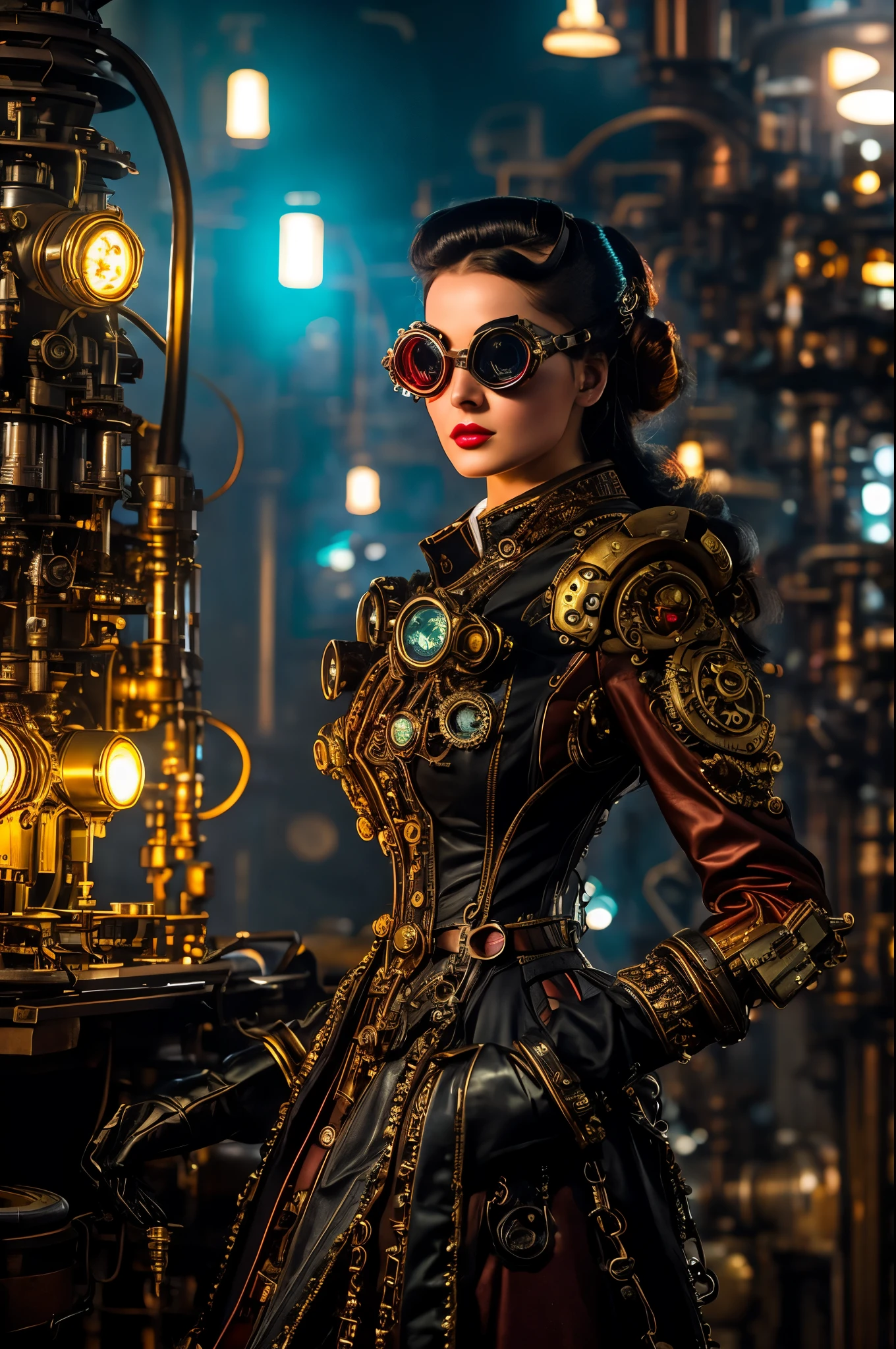 Cinematic photo of Elizabeth ohlsen as a magical inventor in a steampunk laboratory. She is dressed in an intricate, steampunk inventor outfit with a leather corset, brass goggles, and a utility belt filled with gadgets. Her outfit includes a mechanical arm with various tools and a pair of high-tech gloves.Hair: Her hair is styled in a sophisticated updo with brass hairpins and gears.Expression: Her eyes are focused and curious, with a look of excitement as she works on her latest invention.Setting: The backdrop is a whimsical steampunk laboratory with floating gears, steam vents, and glowing, clockwork inventions. The lab is illuminated by a warm, golden light with intricate mechanical details.Action: Emma is captured mid-invention or interacting with one of her gadgets, perhaps adjusting a complex device or examining a holographic blueprint. The scene includes glowing, mechanical effects and detailed steampunk elements.