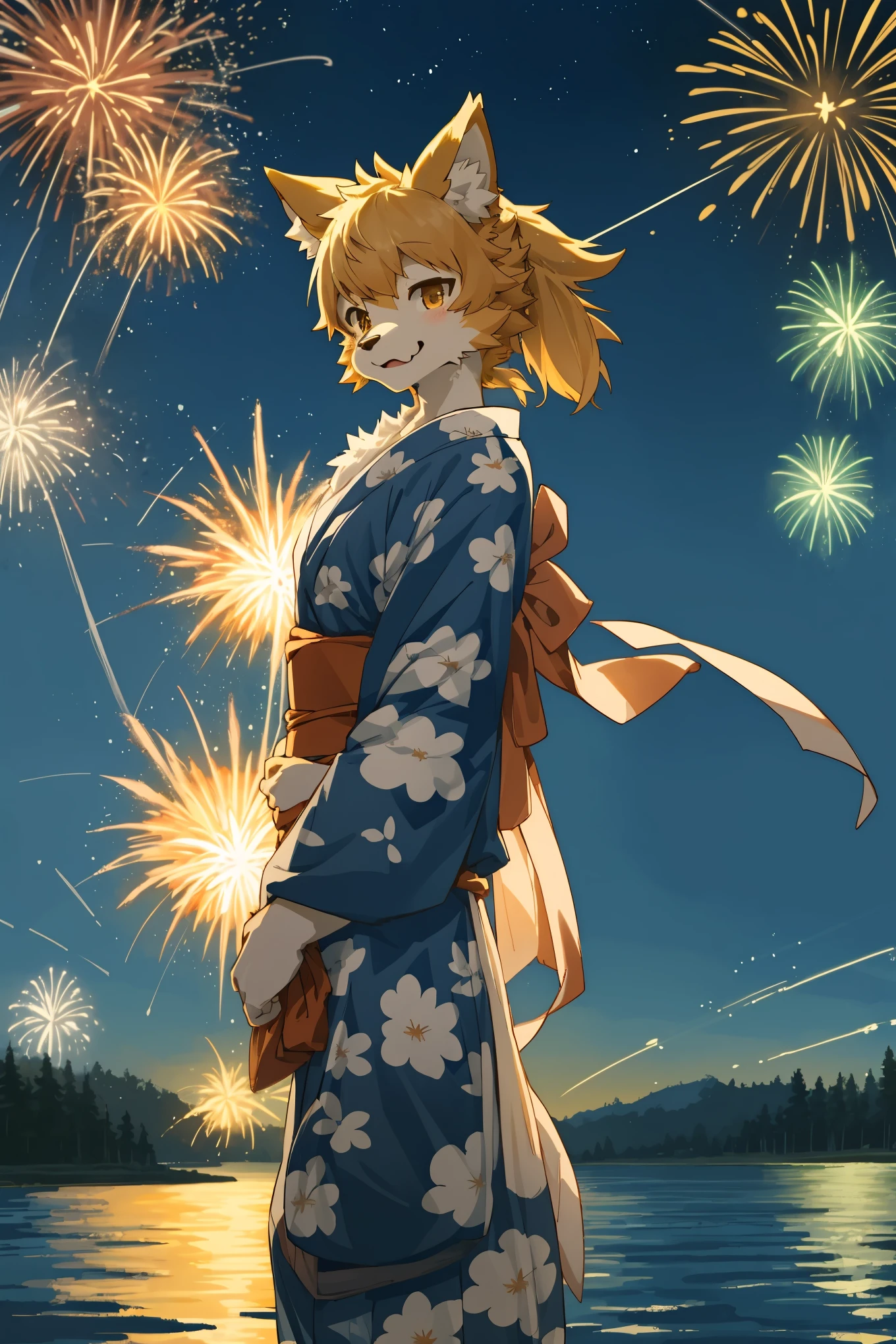 top quality, best quality, highres, masterpiece, super high resolution, detailed background, lake, nigh sky, firework, japanese yukata, absurdres, perfect anatomy, good lighting, cinematic shadow(1girl, kemono, furry anthro)assorted expressions, upper shot, dynamic angle,