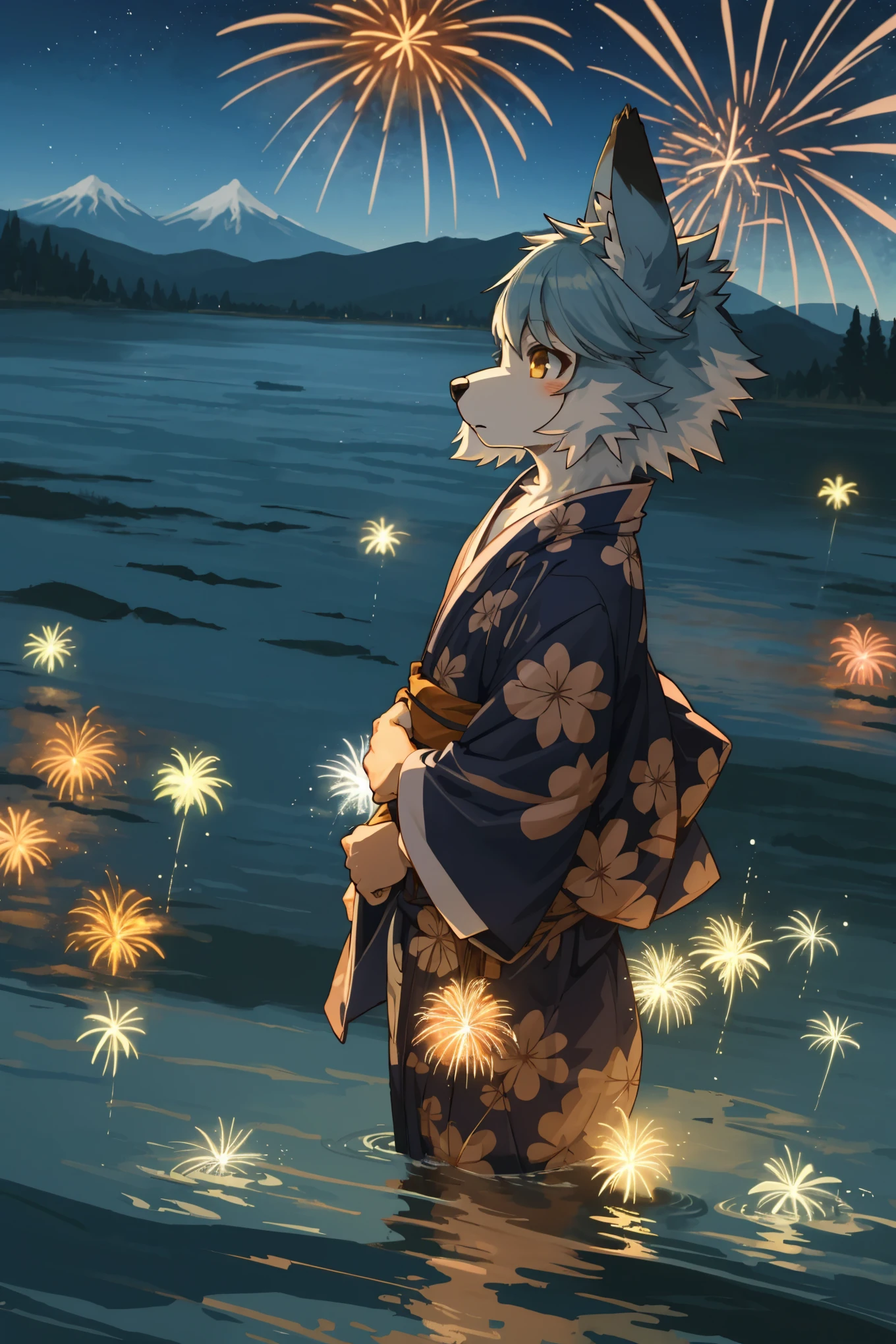 top quality, best quality, highres, masterpiece, super high resolution, detailed background, lake, nigh sky, firework, japanese yukata, absurdres, perfect anatomy, good lighting, cinematic shadow(1girl, kemono, furry anthro)assorted expressions, upper shot, dynamic angle,