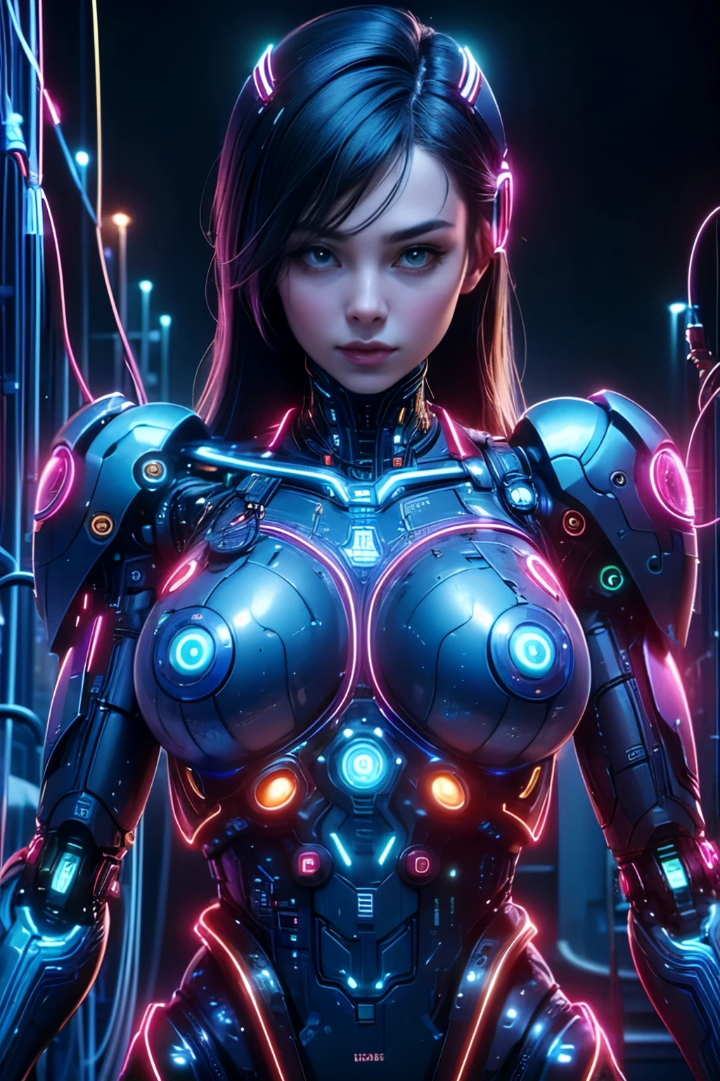 top quality, future world, State-of-the-art robot, Beautiful Woman, Transformed into a cyborg except for the face and some parts, ig model, sexy images, Wires are connected to the back of the body, As sexy as possible, Partial exposure of chest and lower body, I can see my whole body,
