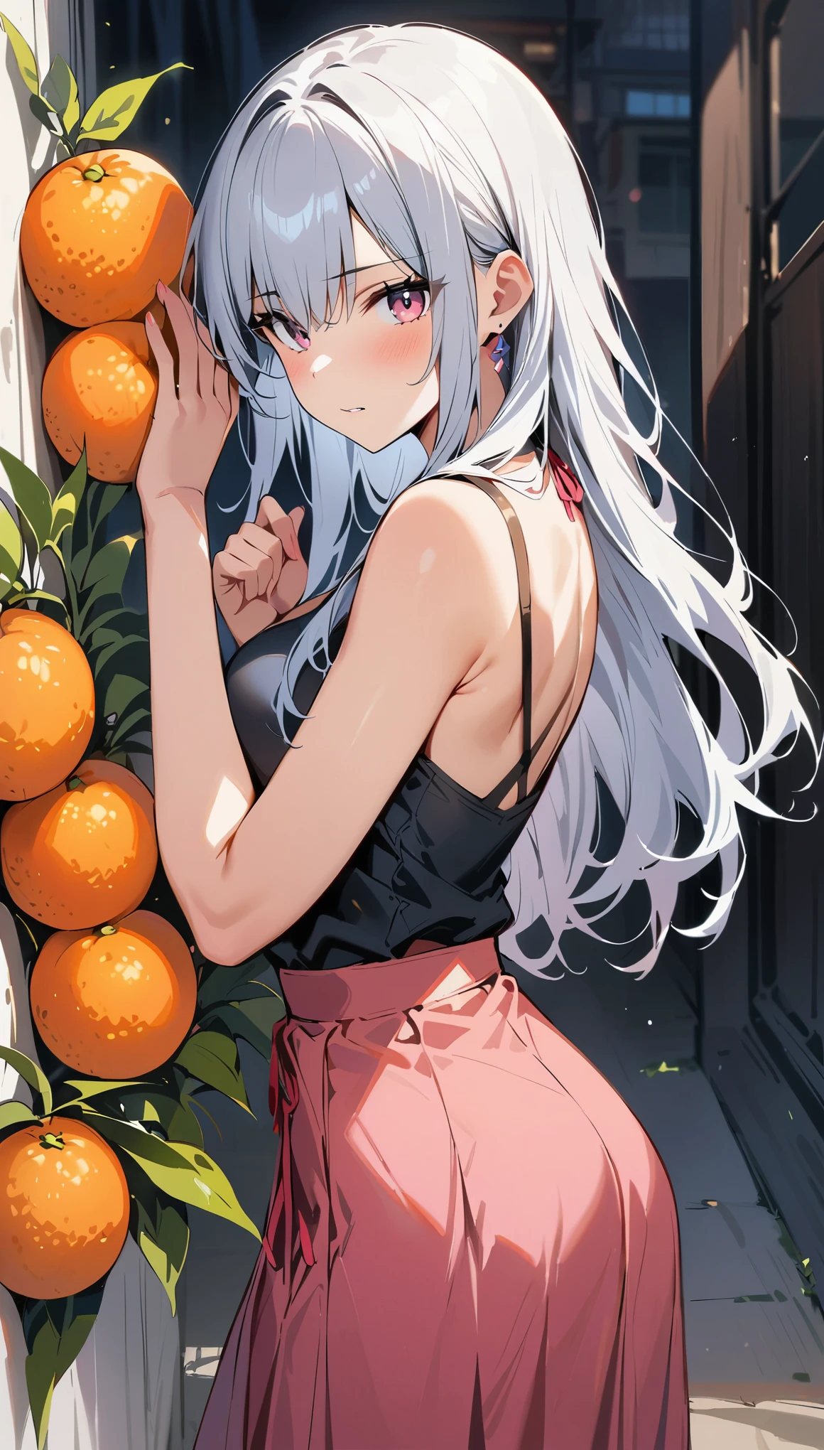 (masterpiece, best quality:1.2), 1 girl, alone,permanent_,
Mandarin oranges, long hair,Black无袖短背心,pink skirt,Black