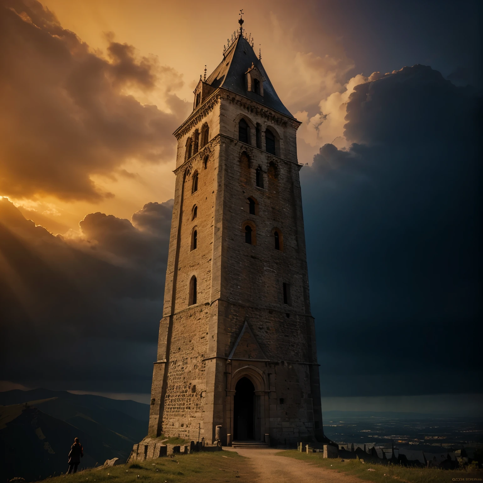 Medieval Romanesque tower, photo du sommet, slightly gothic spirit. Very dark orange and blue background