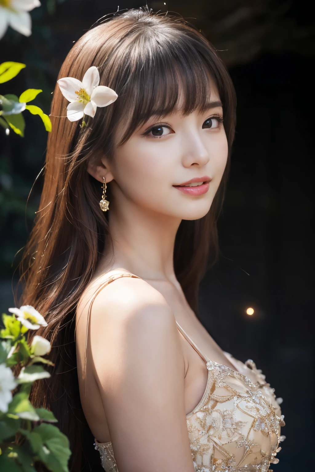 ((table top:1.4, highest quality)), (realistic pictures:1.4), 
((1 girl)), (Pure actress), (dream-like),
(超High resolution:1.2), very delicate and beautiful, wonderful, Highly detailed CG Unity 8K wallpaper, Super detailed, High resolution, 
soft light, beautiful detailed girl, highly detailed eyes and face, beautifully detailed nose, beautiful and detailed eyes, 
(wear a gorgeous glitter dress:1.3), 
cinematic lighting, perfect anatomy, slender body, (parted bangs),
(Flower garden blooming in a cave:1.3), (Flowers blooming all over in the darkness々the brilliance of:1.5), (Light and dark emphasis), (fantastic beauty),
cowboy shot, looking at the viewer, (smile)
