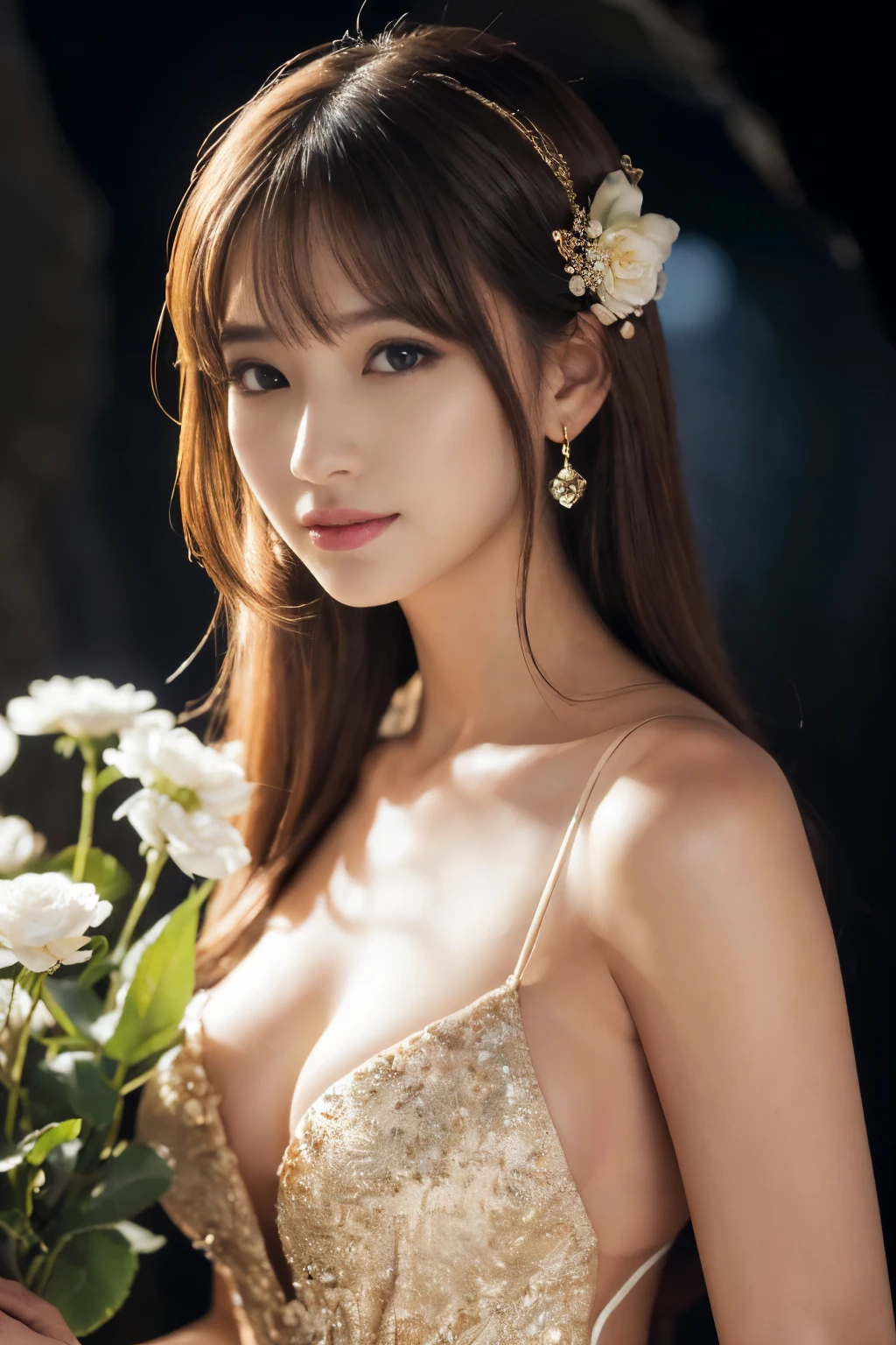 ((table top:1.4, highest quality)), (realistic pictures:1.4), 
((1 girl)), (Pure actress), (dream-like),
(超High resolution:1.2), very delicate and beautiful, wonderful, Highly detailed CG Unity 8K wallpaper, Super detailed, High resolution, 
soft light, beautiful detailed girl, highly detailed eyes and face, beautifully detailed nose, beautiful and detailed eyes, 
(wear a gorgeous glitter dress:1.3), 
cinematic lighting, perfect anatomy, slender body, (parted bangs),
(Flower garden blooming in a cave:1.3), (Flowers blooming all over in the darkness々the brilliance of:1.5), (Light and dark emphasis), (fantastic beauty),
cowboy shot, looking at the viewer, (smile)
