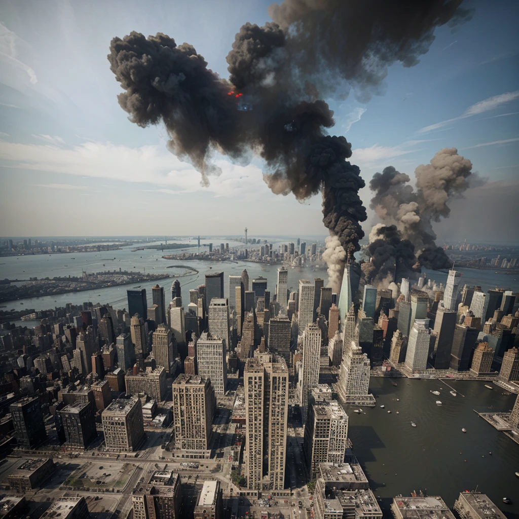 New York City is destroyed, smoke everywhere, Destroyed buildings, fogo etc.