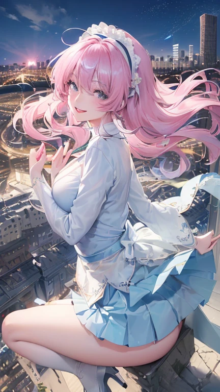 official art, masterpiece, sharp focus, (Beautiful, gorgeous and cute Korean woman:1.3), (beautiful and cute korean:1.3), Korean beauty, exquisite beautiful hair、eyes and face, actual, Super detailed, beautiful girl, blue sky, Glowing white particles, (side light:1.2), sunshine, Baiyun, Detailed cloud, thin and long, Lovely big breasts and big butt, smile with teeth, ((smile with eyes, open your eyes)), landscape, long, straight hair, sexy facial expression, architecture, (city View:1.7), dynamic hair, long, straight hair, Detailed platinum pink hair, glowing blue eyes, (Blue pleated shirt + white skirt), white stockings, pale skin, hair accessories, epic landscape,Nice butt,beautiful butt,white high heels