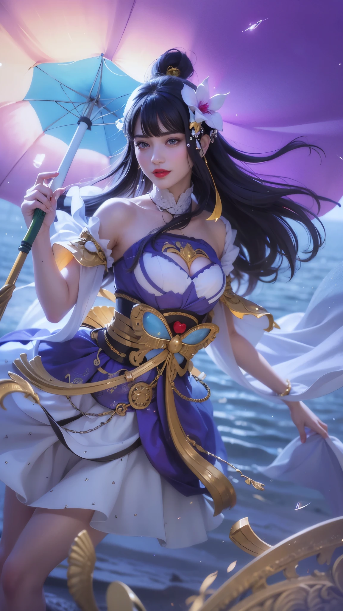 girl with black hair holding a umbrella, red lips glossy, 8k, ultra hd, ultra detailed texture, hyper realistic, masterpiece, detailed texture, detailed face, detailed skin, detailed lighting, (photorealistic:1.5), best quality, beautiful lighting, cinematic lighting, professional lighting, ultra highres, realistic, detailed hair, real hair, high quality, (realskin:1.5), extremely detailed, finely detail, ultra-detailed, smile, blue eyes