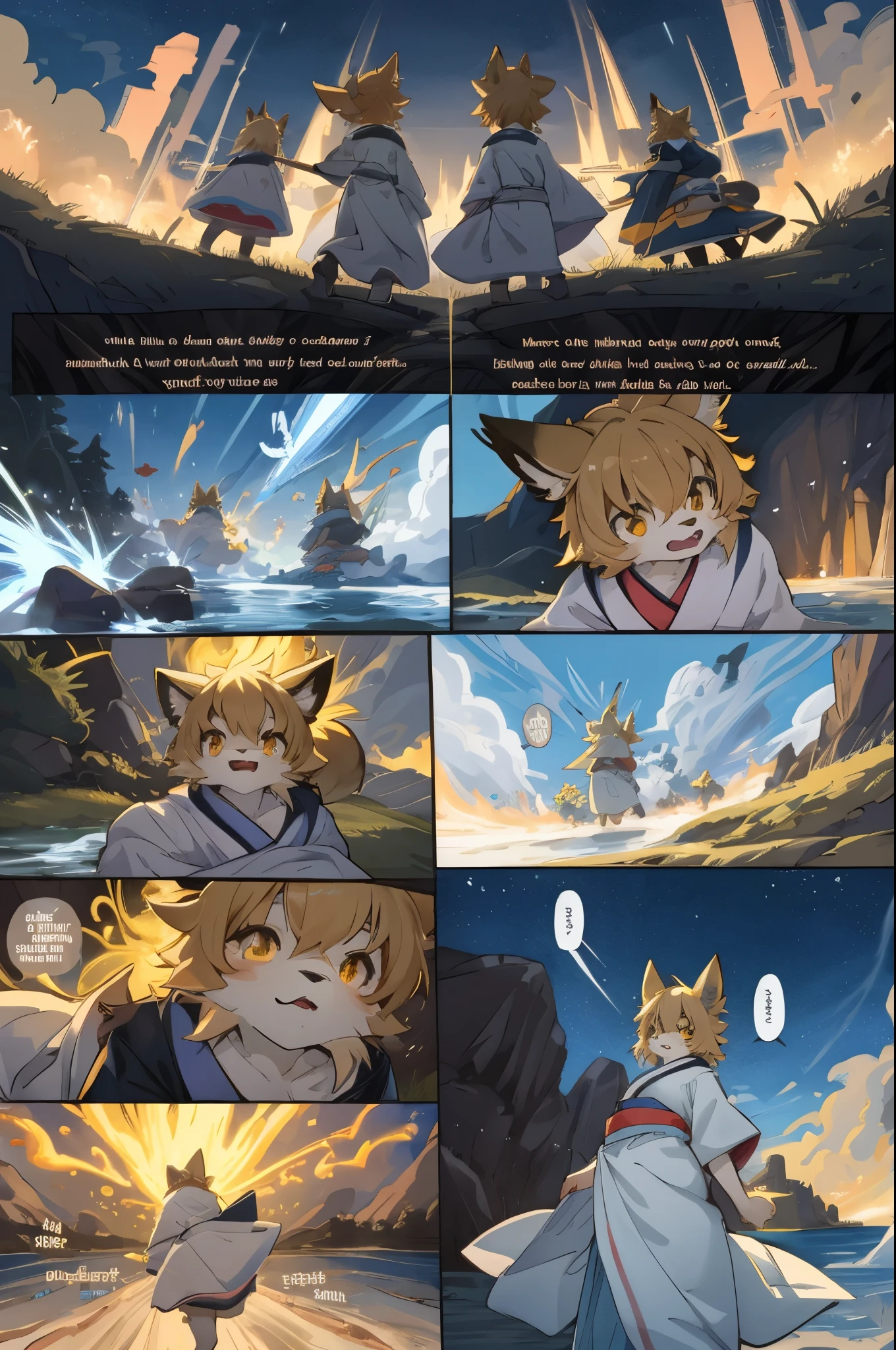 top quality, best quality, highres, masterpiece, super high resolution, detailed background, lake, nigh sky, firework, japanese yukata, absurdres, perfect anatomy, good lighting, cinematic shadow(1girl, kemono, furry anthro)assorted expressions, assorted poses, assorted angles, full body, upper shot, dynamic angle(girls comic-like panel layouts, speech balloon, English text, Hand-drawn sound effects stickers used in girls comic),
