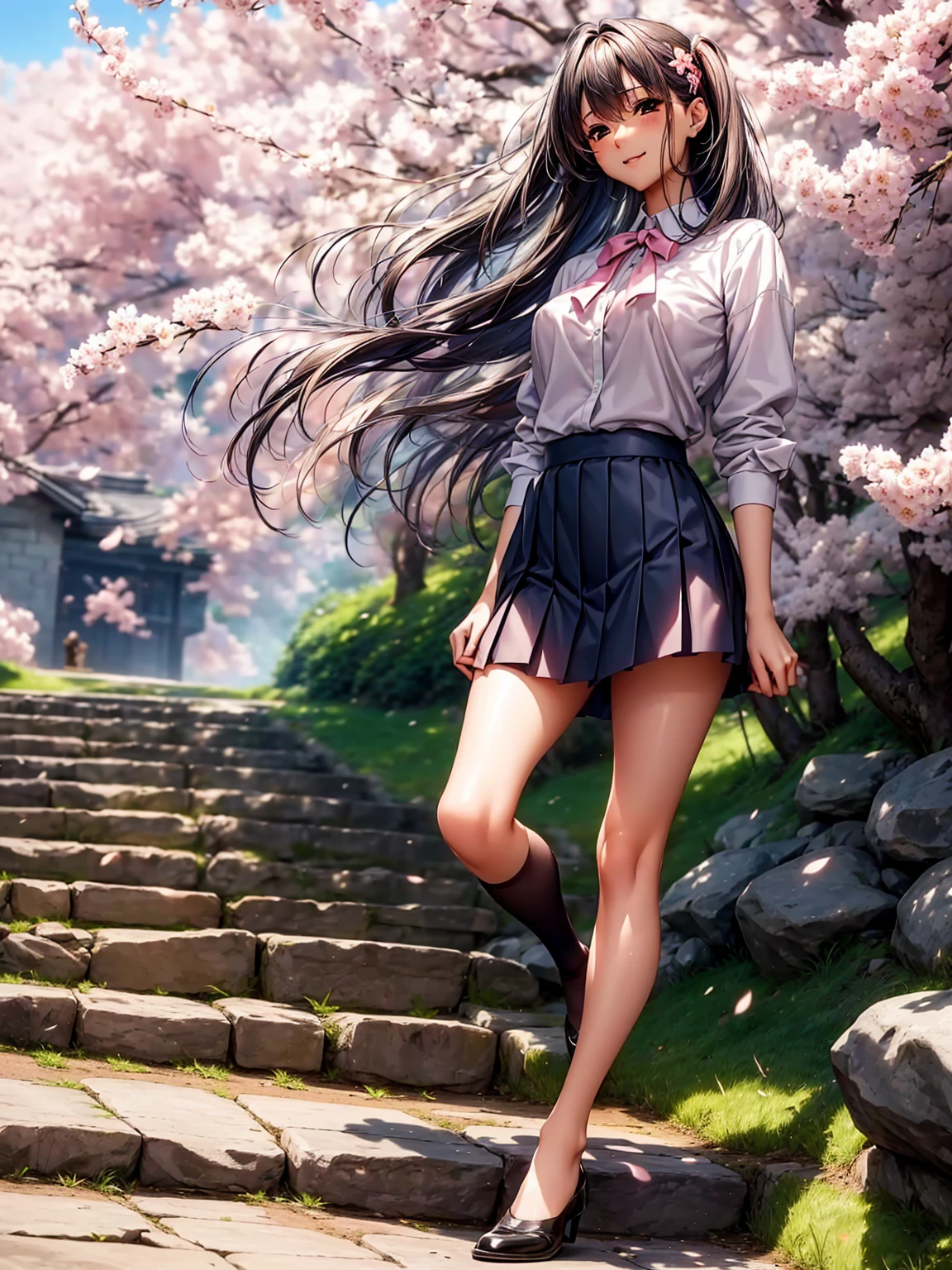 (((highest quality、masterpiece、very high resolution、High-definition images)))、Beauty Painting、realistic portrait、One strong-willed beautiful girl:18-year-old、beautiful body:Slender, beautiful breasts and beautiful legs、beautiful face:smile、eyes with strong will,beautiful hair:various hairstyles 、(best skin and hair texture,realistic skin texture,realistic hair texture)、((high school uniform:blouse:ribbon:blazer:plaid pleated skirt))、beautiful park、beautiful cherry blossoms、stone steps、beautiful sky、Natural light、beautiful scenery、model pose、beautiful pose、model shoot、fashion shoot、(((The wind is blowing:Skirt flips up:Panties are exposed,I can see inside the skirt:I can see your panties))),stone stepsを登り下から見上げるアングル,accurate image:1.5、accurate anatomy:1.5、Image without defects、perfect image、Overall image、(best shot、Raw photo: 1.2)