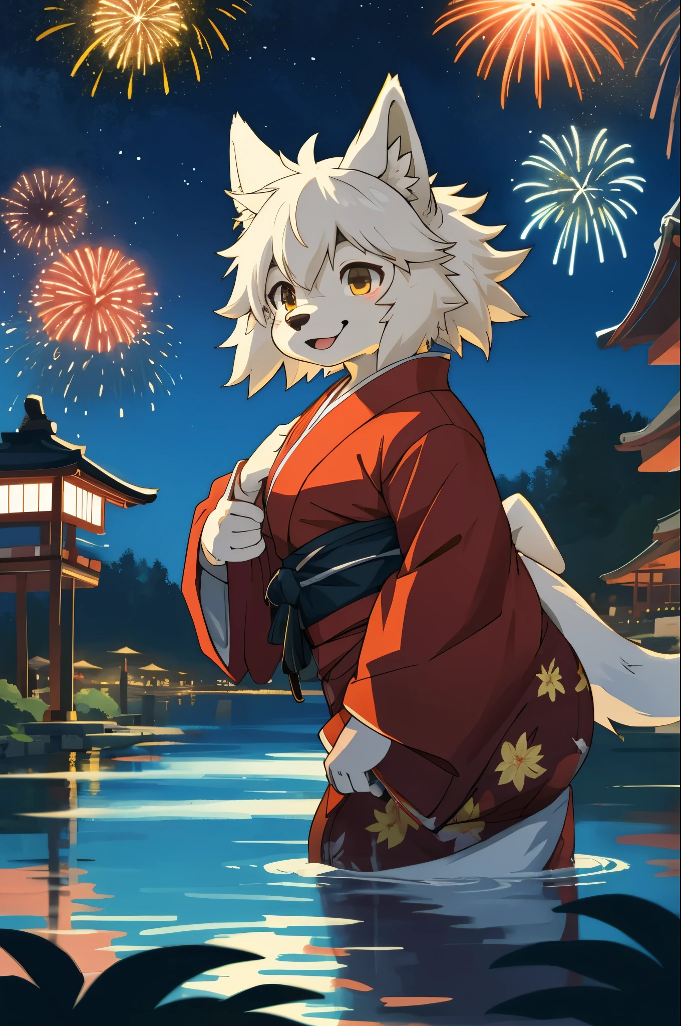 top quality, best quality, highres, masterpiece, super high resolution, detailed background, lake, nigh sky, firework, japanese yukata, absurdres, perfect ???????, good lighting, cinematic shadow(1girl, kemono, furry anthro)assorted expressions, upper shot, dynamic angle,
