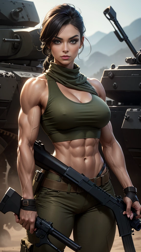 A gorgeous and stunning female soldier holding a rifle, tall, statuesque, imposing, towering, biceps, triceps, eight pack abs, extremely defined abs, tank top, wide shoulders, narrow hips, narrow waist, huge breasts, slim, slender, toned, long eyelashes, make up, perfect eyes, perfect lips, long fingers, delicate fingers, long nails,