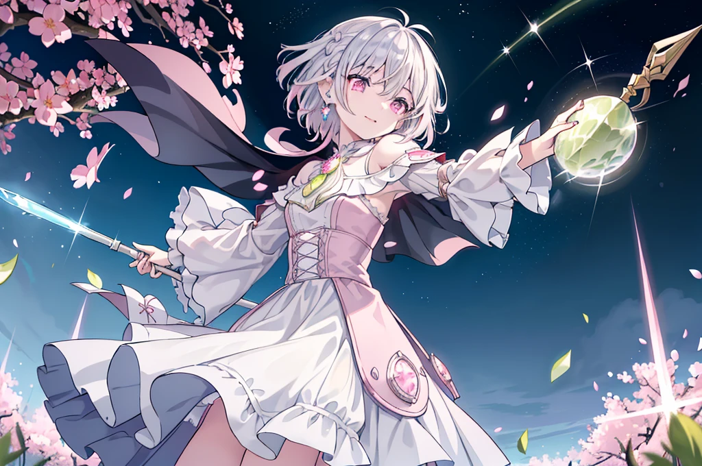 (best quality), (top-quality), (hight resolution), 8K images, (masterpiece), ((perfect face)), (detailed face), (detailed eyes), (clear lines), hair strand,Light skin, ((1girl)), (solo), beautiful fantasy anime, top rated on pixiv, ((short hair)), (expressive eyes), (perfect eyes), (((light_pink eyes))), perfect face, smiling, (white silver hair), (white hair), braided bangs, wind blowing hair, hair over eyes, earrings, {{{{{{{super flat chest}}}}}}}, {{{{{{{flat chest}}}}}}}, (flat chest), ((holding an magical ice scepter)), (aiming), (little silver tiara), (((lime_dress))), (only lime color dress), (cloak on shoulder), (frilly outfit), (lolita style), (lolita fashion), (cherry blossom), (many crystals), vintage style, (broken crystals), (in a gemstone sea), (night sky with full of stars), (magic circles), game spash art, fantasy, modern art, cool light --ar 3:2, (wide shot), excited pose