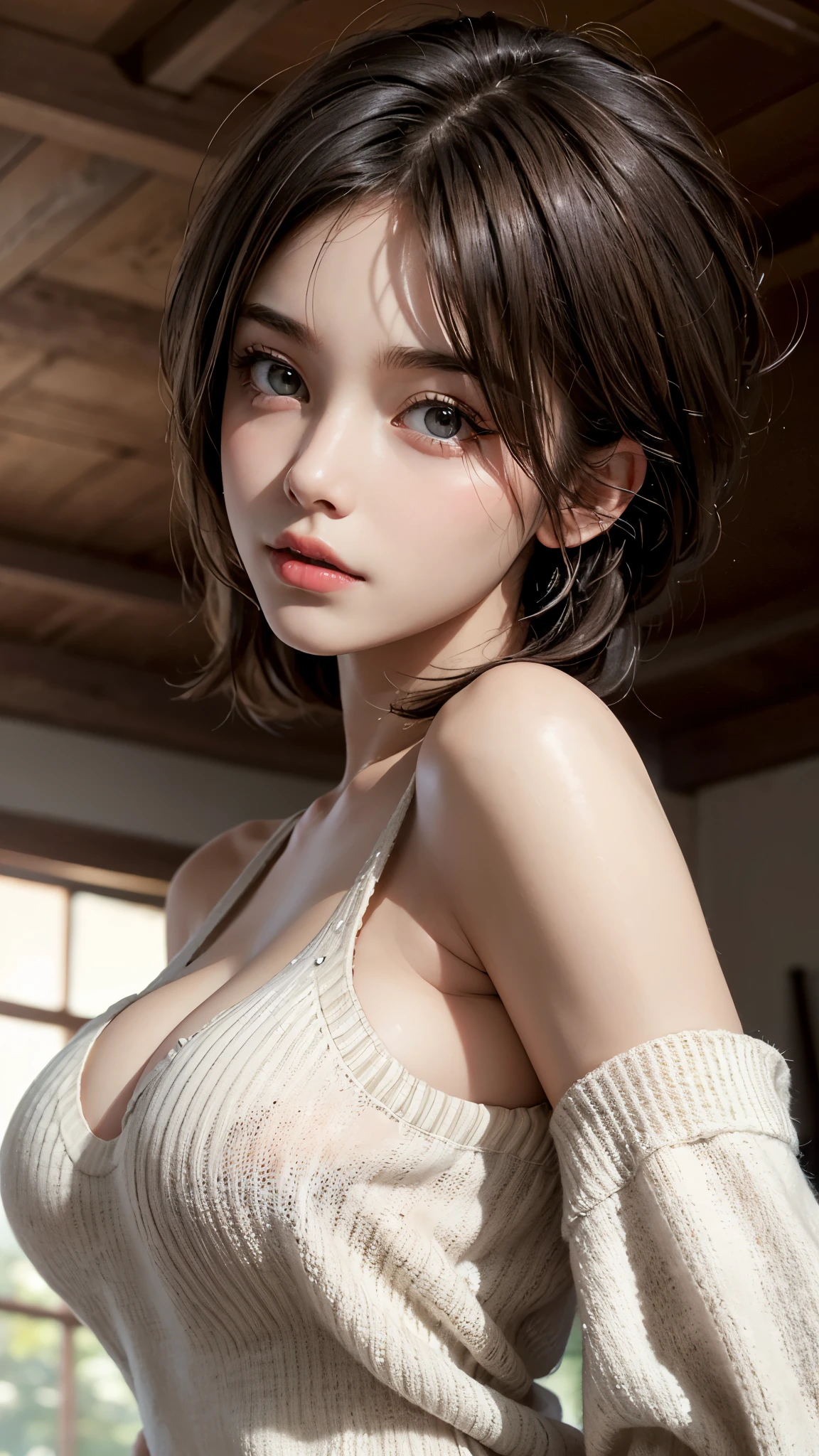 (UHD, retina, masterpiece, precise, anatomically_correct, textured_skin, excellent_detail, High_details, High_quality, the best_quality, High_resource, 1080P, HD, 4K, 8K, 16K), (fair_detailed_Eyes, fair_detailed_lips, extremely_detailed_Eyes_and_Face), soft_light, Physically based_rendering, vivid_color, (big deal_breast, charming_Body:1.5), (shining_hair, shining_skin, tanned_skin, blush), (Bangs:1.5), Eye_reflection, (Bokeh, simple_background), (oversized sweaters, flat cut off shoulders:1.5), contour, (saggy, saggy breasts:1.5), (from below:1.4),